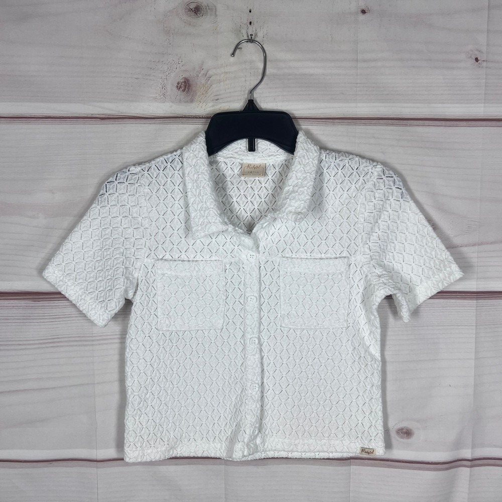 RedGirl Top Women Small White Button Up Short Sleeve Crop Textured Diamond Knit